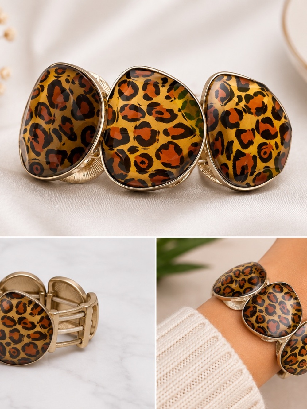 Leopard Print Statement Bracelet - Gold Tone